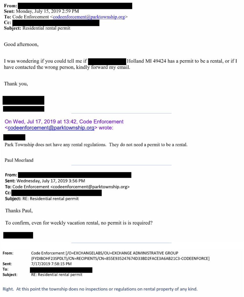 July 2019 emails from former Park Township code enforcement officer