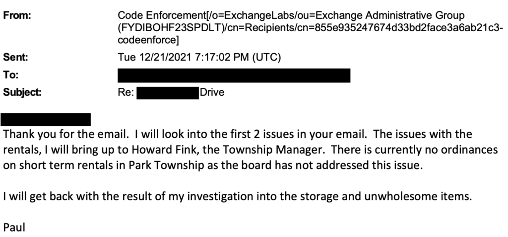 December 2021 email from former Park Township code enforcement officer